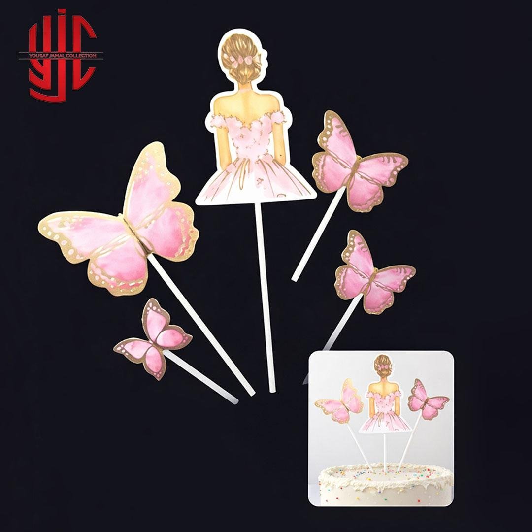 yjc-DCTP-003-1.jpg Flower Girl Butterflies Paper Cake Topper 5 Pieces Set - Image 1