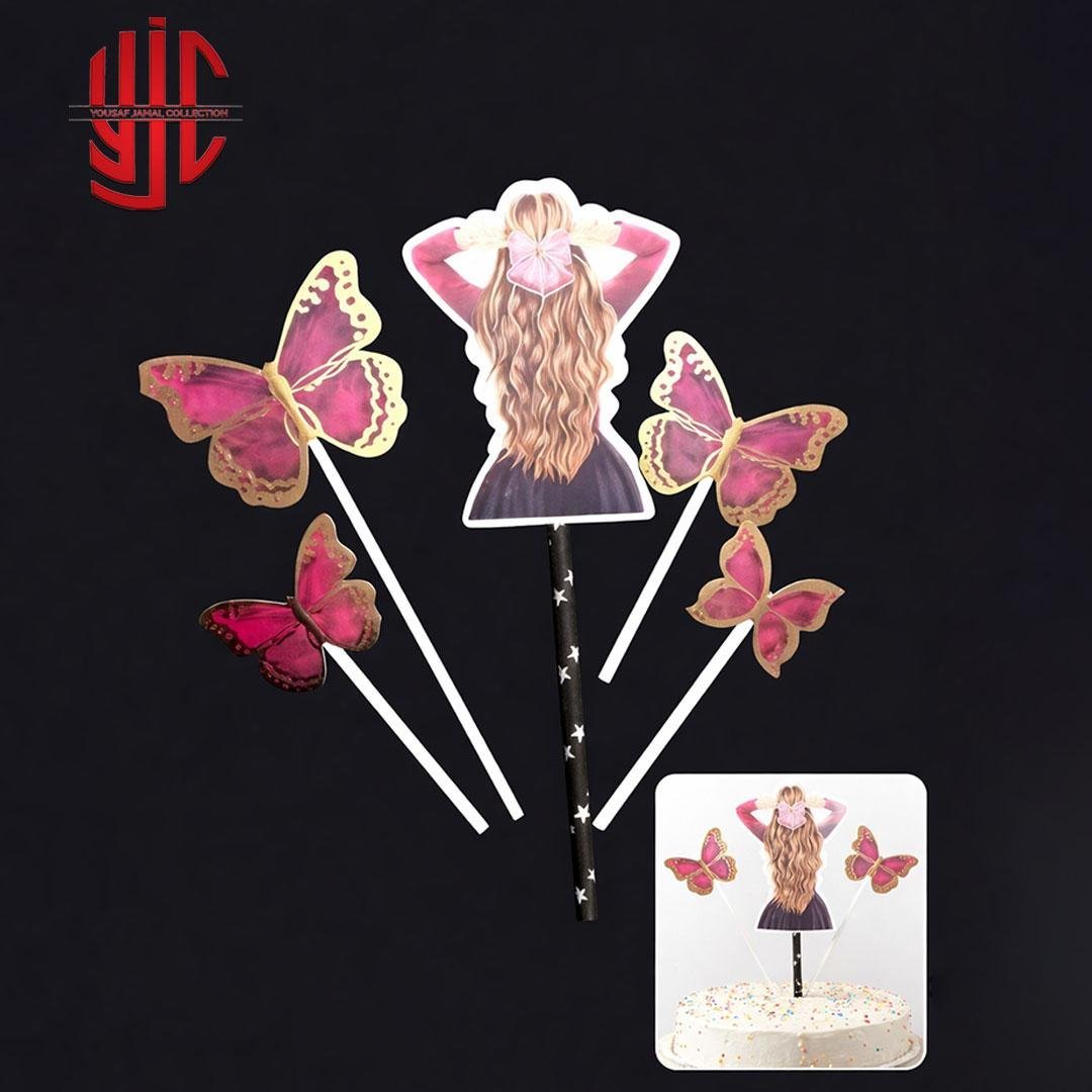 yjc-DCTP-004-1.jpg Bowknot Girl Butterfly Paper Cake Topper 5 Pieces Set - Image 1