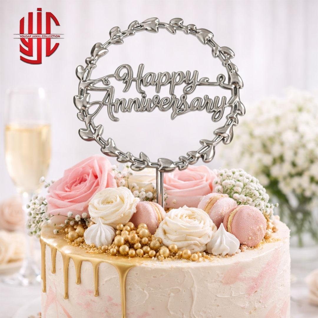 yjc-DCTP-038-1.jpg Acrylic Happy Anniversary Hearts Circle Cake Topper Silver - Image 1