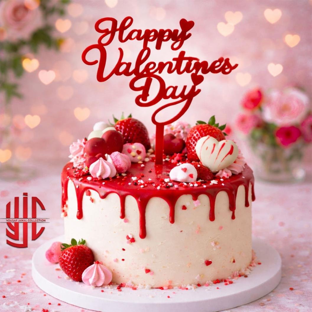 yjc-DCTP-039-1.jpg Acrylic Happy Valentine's Day With Hearts Cake Topper Red - Image 1