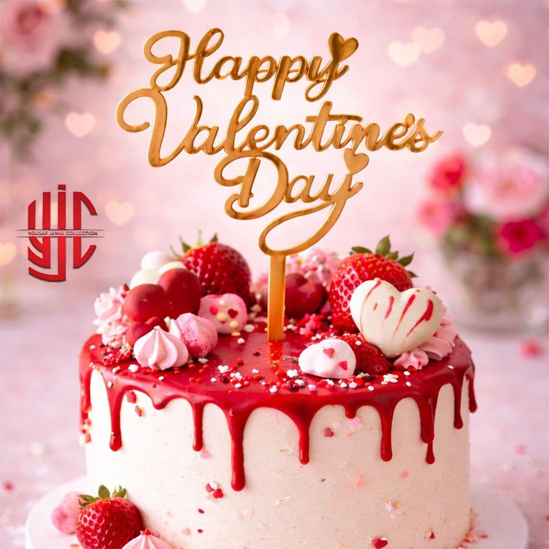 yjc-DCTP-040-1.jpg Acrylic Happy Valentine's Day With Hearts Cake Topper Golden - Image 1