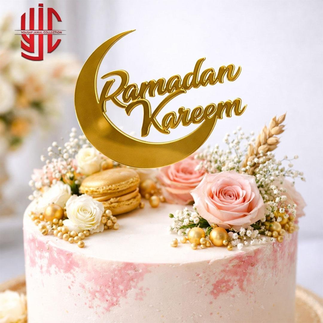 yjc-DCTP-046-1.jpg Acrylic Ramdan Kareem Cake Tags 5 Pieces Pack Golden - Image 1