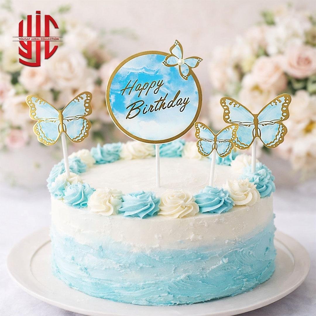 yjc-DCTP-062-1.jpg Sky Blue Butterfly Theme Paper Cake Topper 4 Pieces Set - Image 1