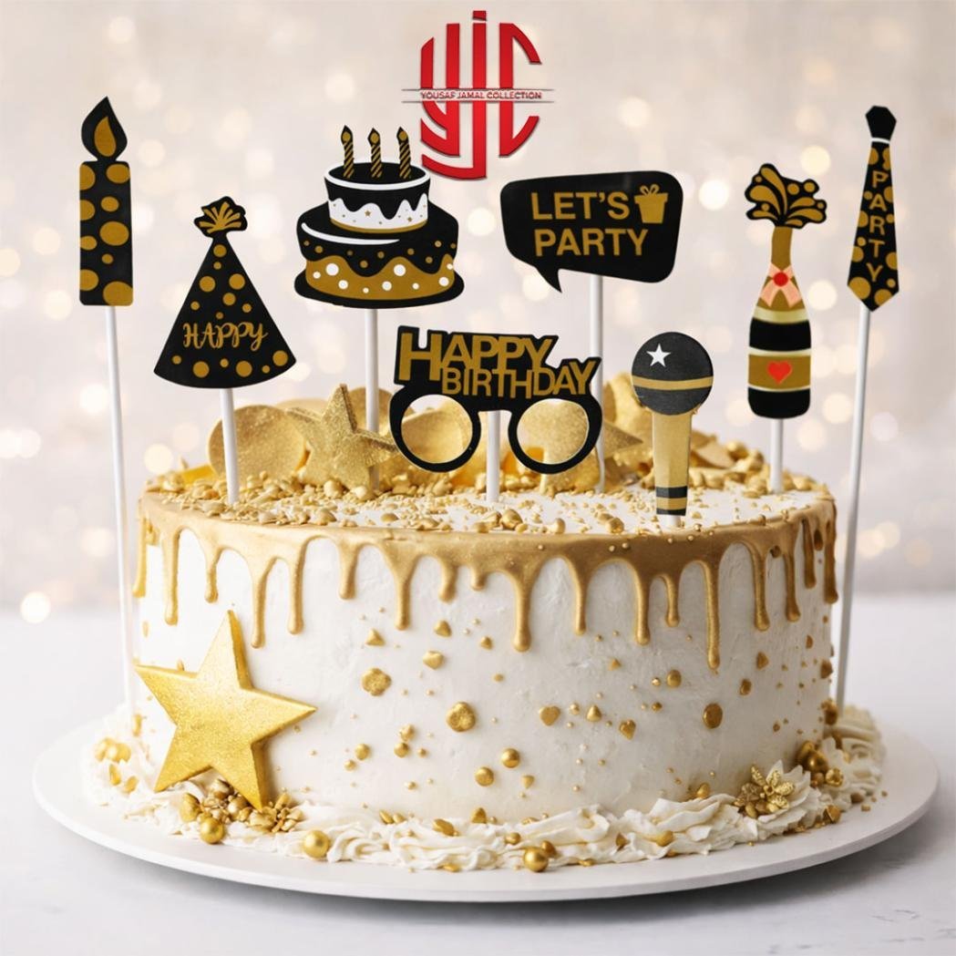 yjc-DCTP-063-1.jpg Lets Party Theme Paper Cake Topper 8 Pieces Set - Image 1