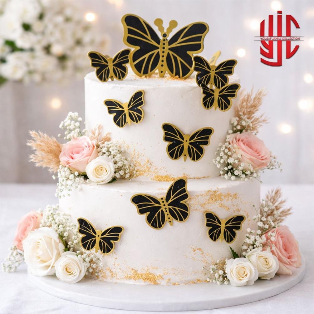 yjc-DCTP-081-1.jpg Black Butterfly Cutouts With Gold Borders 12 Pieces Pack - Image 1
