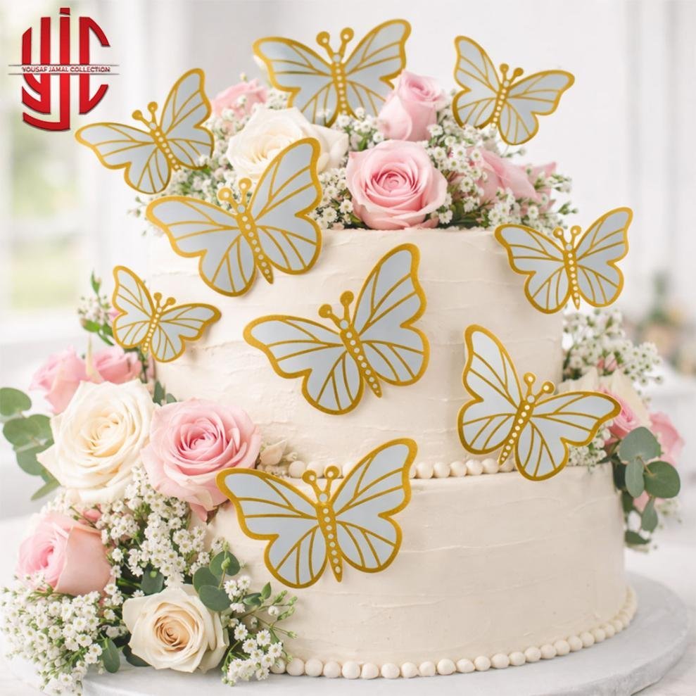 yjc-DCTP-085-1.jpg Grey Butterfly Cutouts With Golden Borders 12 Pieces Pack - Image 1