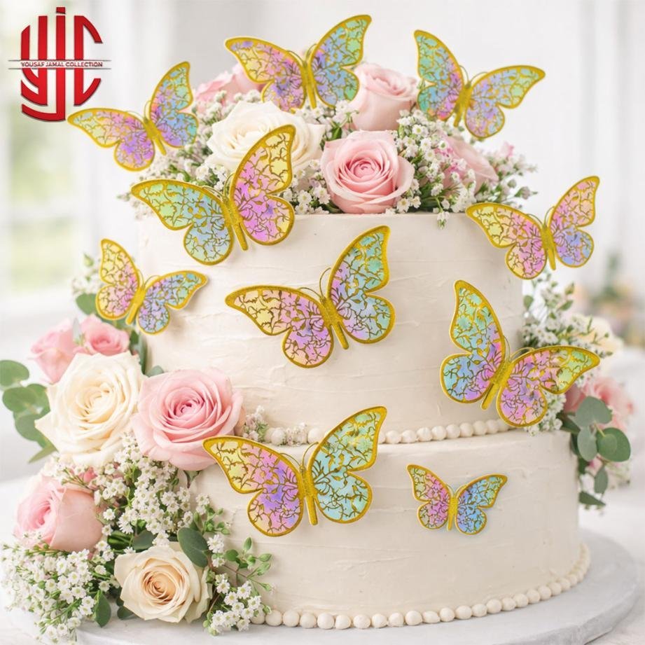 yjc-DCTP-087-1.jpg Multi Color Butterfly Cutouts With Golden Textures 12 Pieces Pack - Image 1