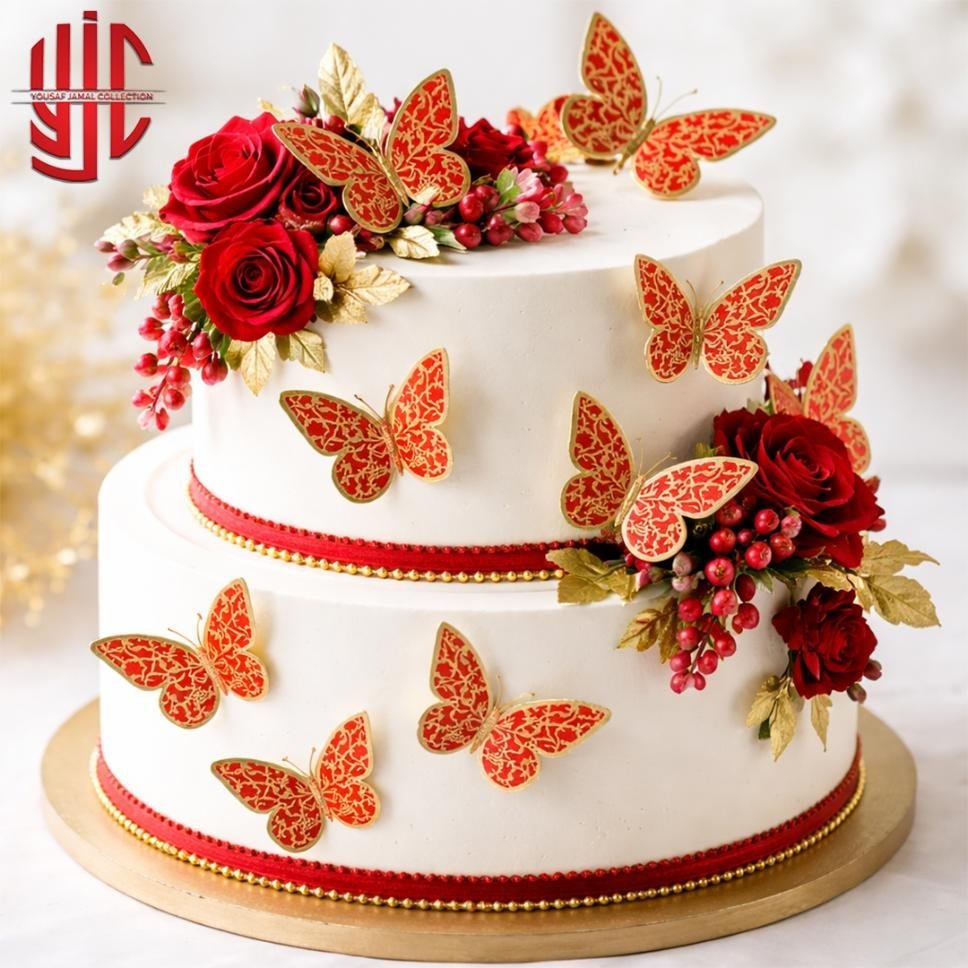 yjc-DCTP-095-1.jpg Red Butterfly Cutouts With Golden Textures 12 Pieces Pack - Image 1