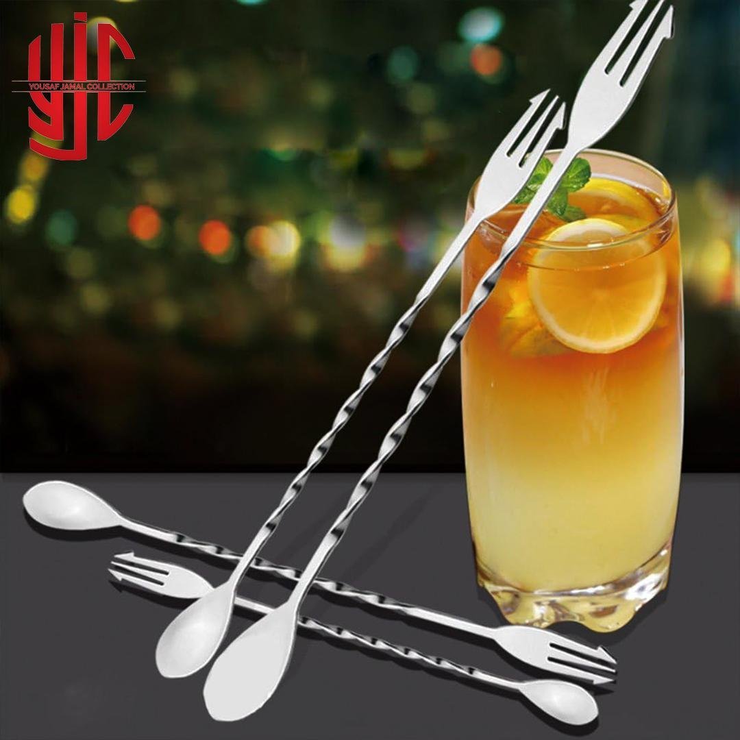 yjc-STSP-001-002.jpg Imported Cocktail Fork & Stirrer Spoon Stainless Steel - Image 1